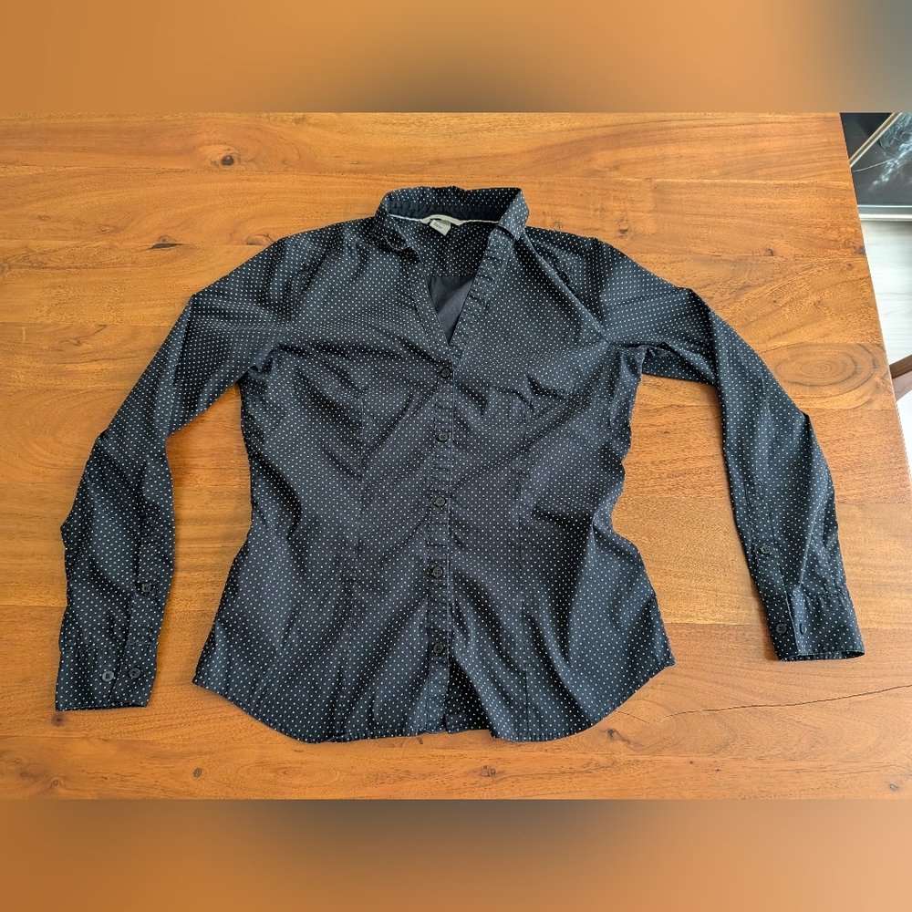 Women's Long Sleeve Navy Polka Dot Button-Up Shirt - H&M SIZE 8